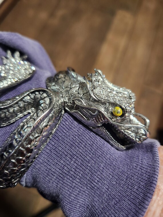 Silver Dragon Hinged Bangle With Rhinestones And … - image 4