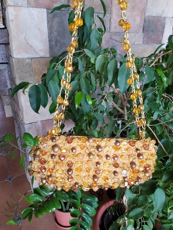 Vintage 1960s Wire Beaded Handbag Purse Orange Gol