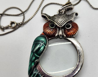 Owl Magnifying Pendant Necklace Vintage Silver Orange Green