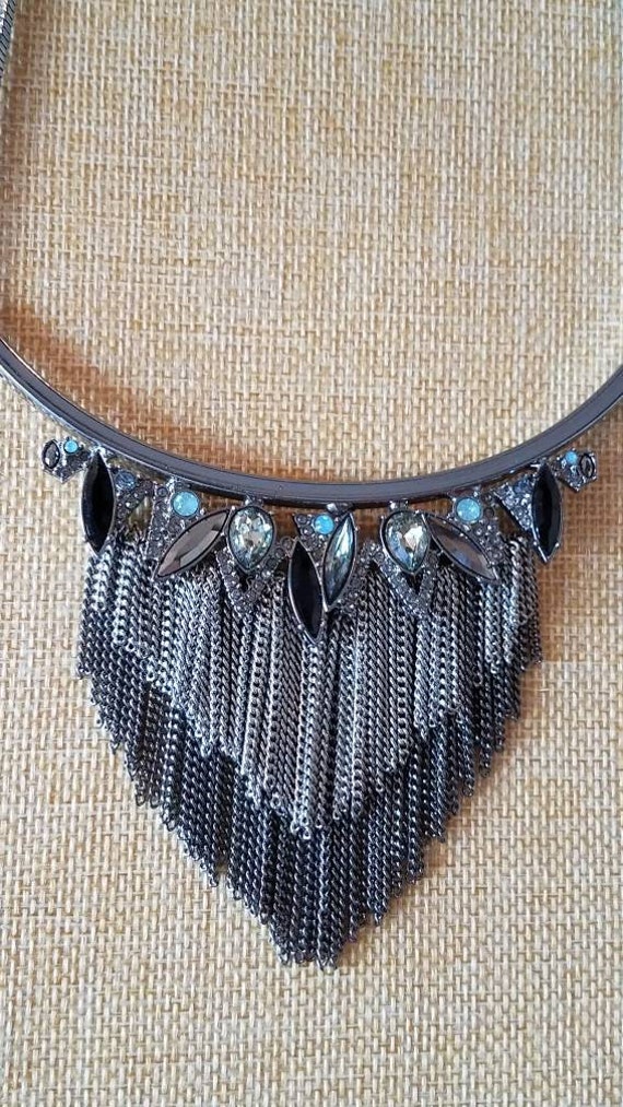 Silver And Gunmetal Bib Statement Necklace With Rh