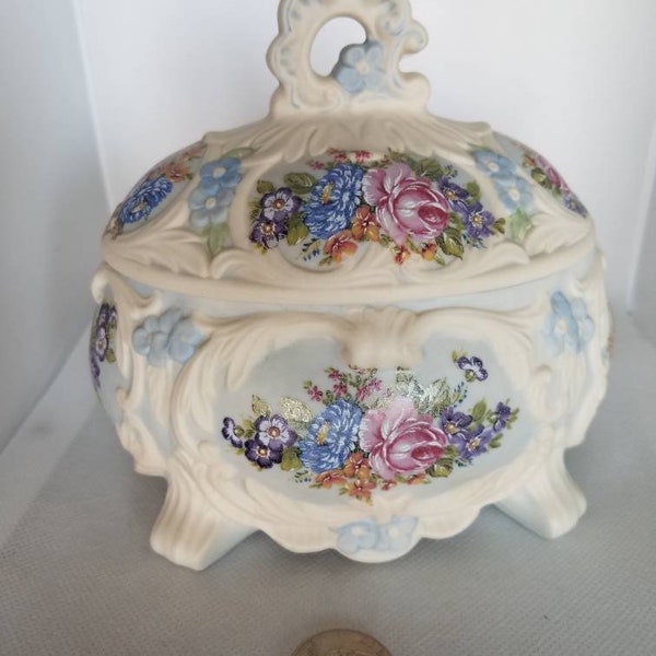 Vintage Victorian Beautiful Light Blue White Large Ceramic  Floral Oval Jewelry Box Trinket Box Egg Shape Handpainted Flowers By Gert