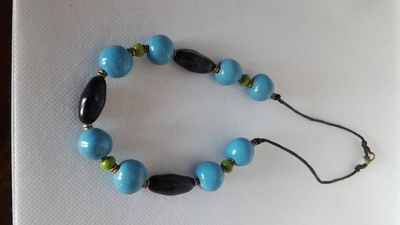 Vintage Turquoise Black Lime Green Chartreuse Bea… - image 1