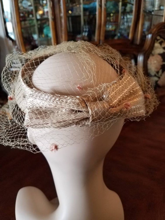 Hat Vintage Bow Bronze Peach Formal Netting Hat D… - image 8