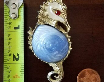 Seahorse Brooch With Light Blue Shell For Belly Red Rhinestone Eye Vintage Large Hattie Carnegie Style