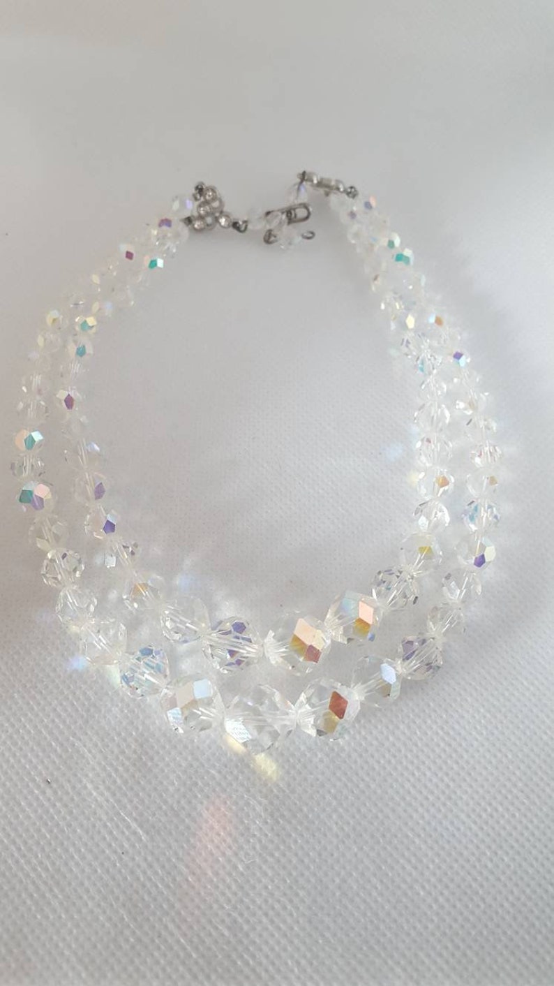 Vintage Aurora Borealis Crystal 2 Strand 14 Choker Necklace