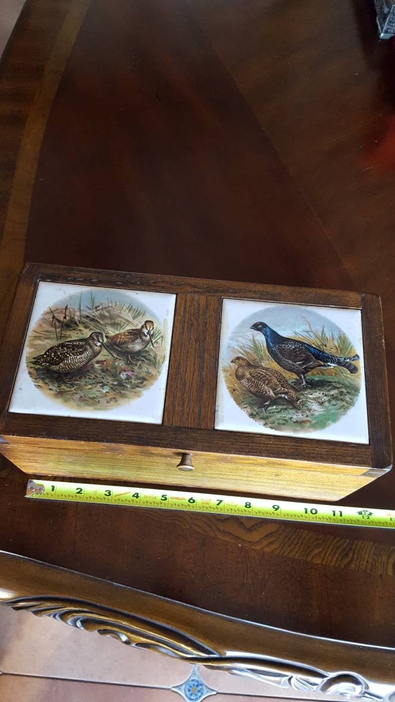 Men's Jewelry Box Wooden Sportsman Jewelry Box Wallet Key Holder Brown Wood With Beautiful Ceramic Painted Tiles Snipes Wild Birds image 1