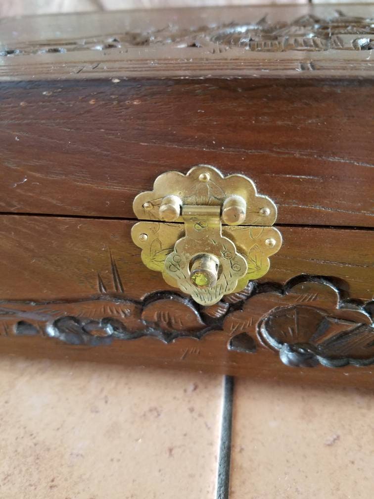 Vintage Chinese Carved Wood Jewelry Box, With Gold Satin