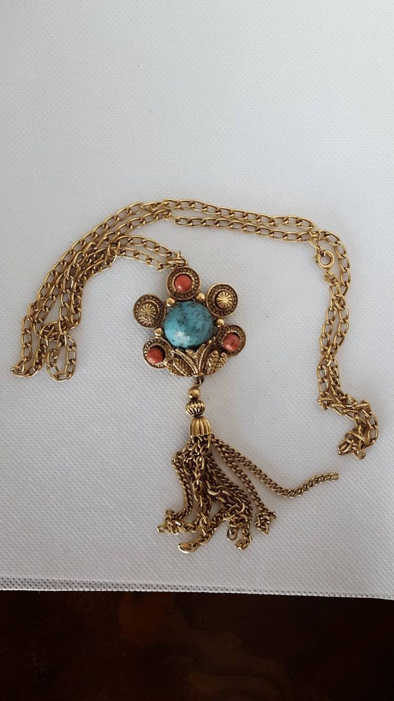 Vintage Gold Tone Metal Faux Turquoise Coral Caba… - image 1