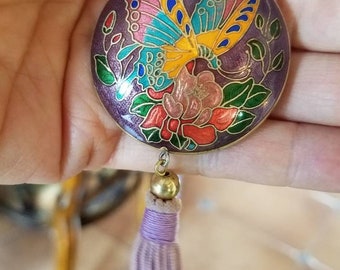 Cloisonne Asian Chinese Enamel Large Round Butterfly Pendant With Tassel Purple Lavender On 30" Rope Chain  Barrel Clasp Closure Necklace