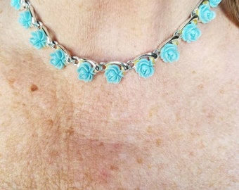 Vintage Choker Celluloid Blue Rose Flower Floral On Silver Tone 17 1/4 Chain Mid Century