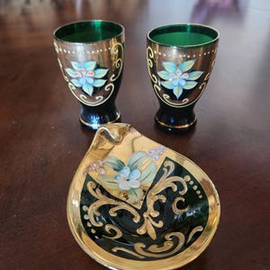 Vintage Bohemian Glass Cordial Glasses With Oval Dish Green And Gold Handmade Handpainted Made In Italy