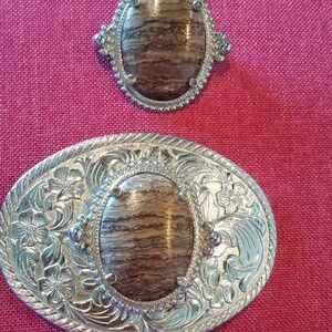 Belt Buckle With Matching Bolo Set Tie Jasper Agate with Silver Floral Background Western Accessories Cowboy Cowgirl Belt Accessorie Vintage