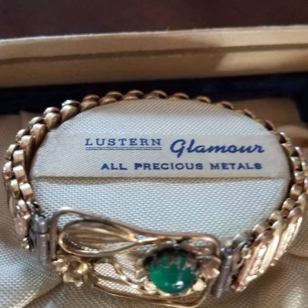 Antique 12K Lustern Yellow Rose Gold Flower Sweetheart Expansion Bracelet With Jade Colored Cabochon Vintage Rare