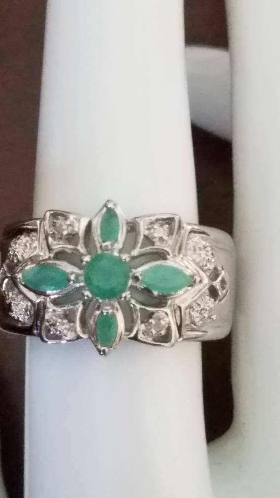 Emerald Genuine Natural And Diamonds Statement Ring 925 Sterling Silver Vintage Size 8