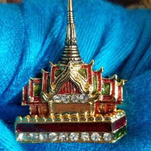 Vintage Siam Palace Temple Gold Enamel Red Green With Clear Rhinestones Brooch Pin