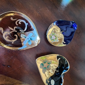Vintage 3 Bohemian Glass Trinket Jewelry Ring Dishes Hand Blown Painted Italian Made Italy Heart Shape Oval Shape Blue Purple Teal Colors