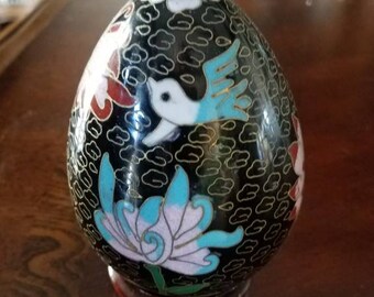Cloisonne Vintage Chinese  Enameled Brass Egg Black Pink Turquoise Green With Dove Lotus Flowers With Stand 4 1/2" Tall