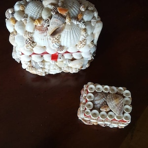 Vintage 2 Sea Shell Ocean Beachy Jewelry Trinket Boxes With Red Interior