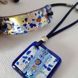 Vintage Vetro di MURANO Glass Pendant With Matching Bracelet Silver Blue Red Green Yellow Orange Jewelry Set Unisex Jewelry