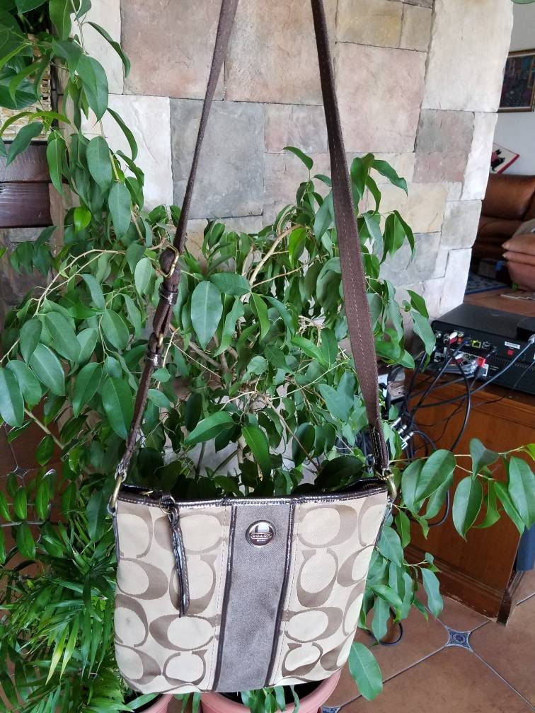 Vintage Coach Large Signature C Brown Leather and Canvas Shoulder