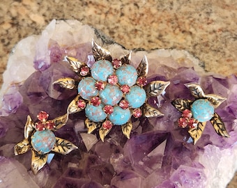 Hattie Carnegie RARE Sterling Signed Turquoise Cabochons Pink Rhinestones Brooch Clip On Earrings Jewelry Set Vintage Oldest HC  Marking
