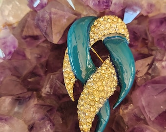 Hattie Carnegie RARE Signed Brooch Teal With Rhinestones Gold Vintage Womens Jewelry Mens Jewelry Collectors Item Wavy Design
