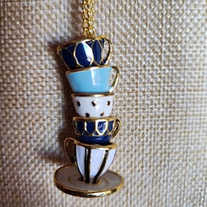 Tea Cup Necklace Statement Piece With 20 Inch Chain Women&#39;s Jewelry Girl&#39;s Jewelry Teacup Teacups Blue Black Gold Pretty Teacup Party