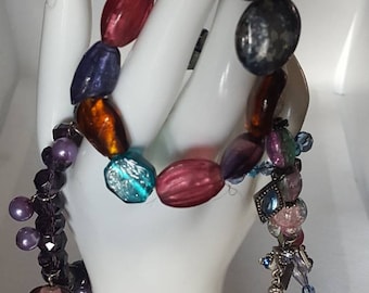 Vintage 3 Handmade Beaded Bracelets Stretch Toggles Purple Pink Green Red Teal Silver Tone Metal Lot Of 3