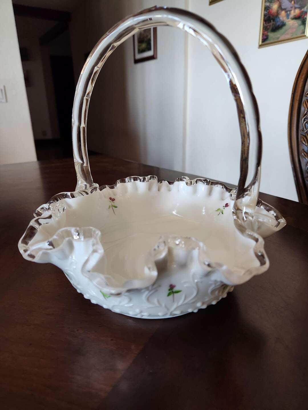 Fenton Violets in the Snow Spanish Lace Milk Glass Siver Crest White ...