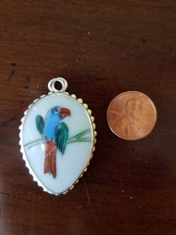 Exotic Bird On Branch Pendant From Broken China Pa