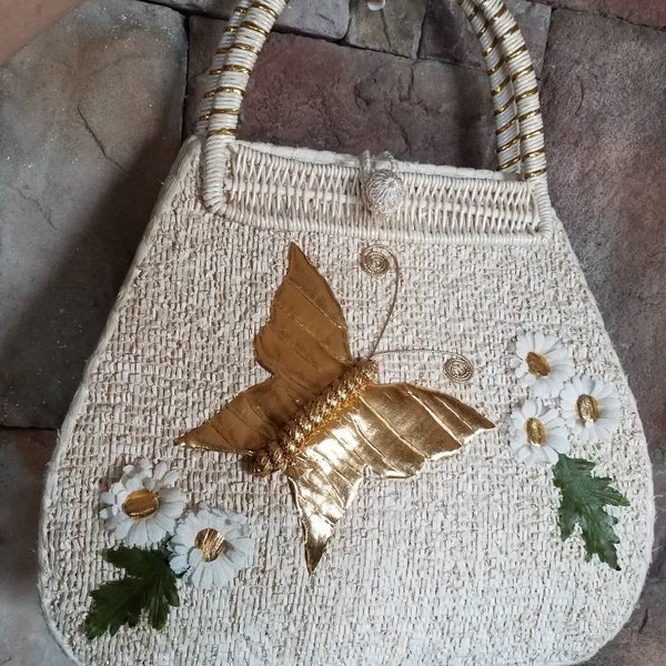 Gary Gail Linen Straw Butterfly And Daisy's Handbag Purse Vintage