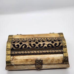 Vintage Brass Camel Bone Cut Out Jewelry Trinket Box With Purple Felt Lining Brass Owl Closure And Hinges