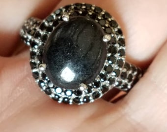 Estate Vintage Black Genuine Spinel Gemstone 925 Sterling Silver Statement Ring Size 10