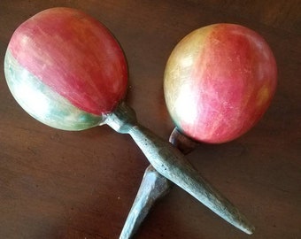 Maracas Peruvian Peru Hand Carved Hand Made Wood Seed Gourd Painted Red From Berries Green From Plants 1960s Vintage