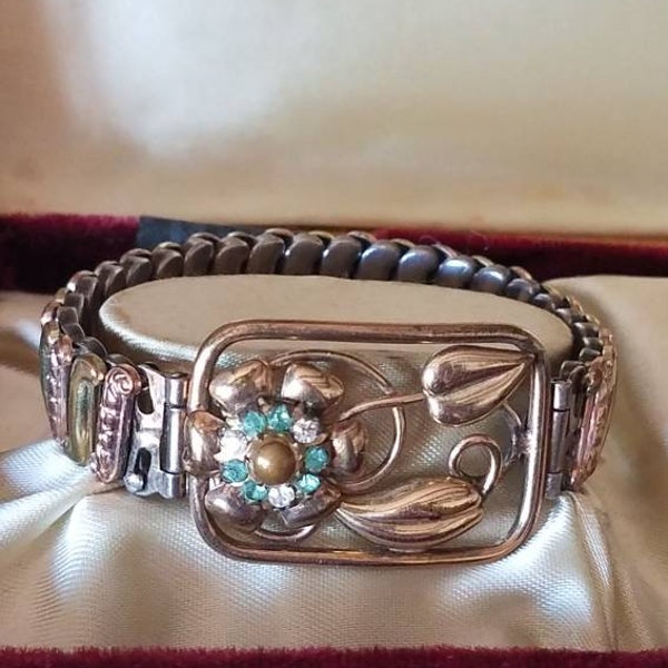 Antique Lustern Rare 1940s 12K GF Rose Yellow Gold Sweetheart Expansion Bracelet Flower With Light Teal And White Glass Stones Sterling