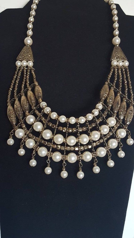 Vintage Gold Tone Faux Pearl Bib Statement Neckla… - image 2