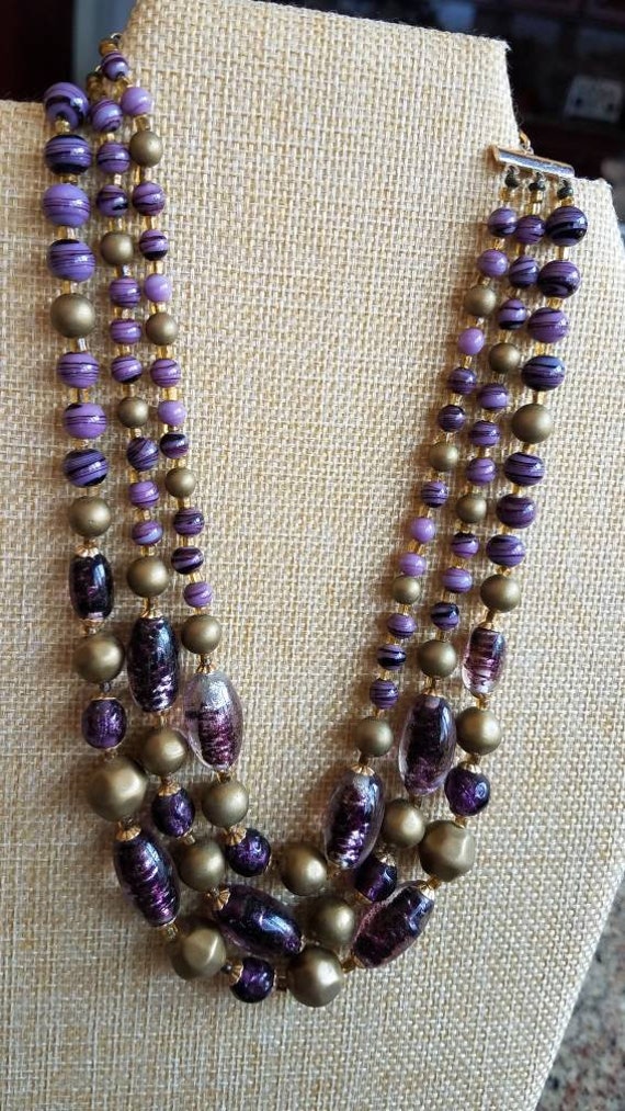 Purple Gold Czech Glass Necklace Vintage Made In J