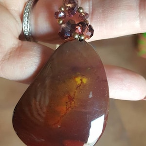 Vintage Jasper Agate Pendant On 32 Inch Gold Tone Metal Chain With Purple Beads