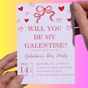Puede incluir: Invitación a una fiesta del Día de San Valentín con corazones rojos y un diseño de lazo. La invitación dice "¿Quieres ser mi Galentine?" e incluye detalles de la fiesta como la fecha, la hora, el anfitrión y la información de RSVP.