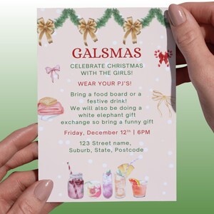 May include: A Christmas party invitation card with the word "GALSMAS" in red. The card includes watercolor illustrations of drinks, bows, and a food board. The date and time of the event are also included on the card.