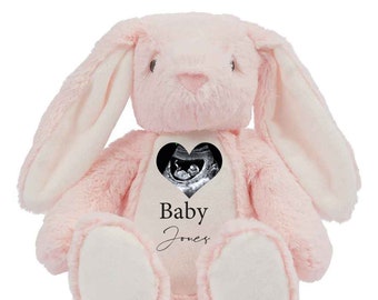 Personalised Baby Announcement Teddy with Scan Photo, Pregnancy Annoucement Baby Scan Teddy, Baby Shower Gift, Bunny Soft Toy, Bear