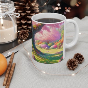 Taza de flor de cerezo, taza de paisaje anime, taza de escena de relajación, taza de jardín de primavera, taza de paraíso floral.
