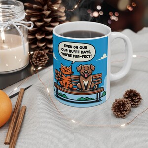 Cartoon Cat and Dog Mug, Friendship Quote Mug, Animal Illustration Mug, Cute Pet Mug, Blue Sky Background Mug