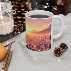 Taza de paisaje urbano del amanecer, taza de mañana tranquila, taza con vista al monte Fuji, taza de la hora del té japonés, taza de balcón escénico