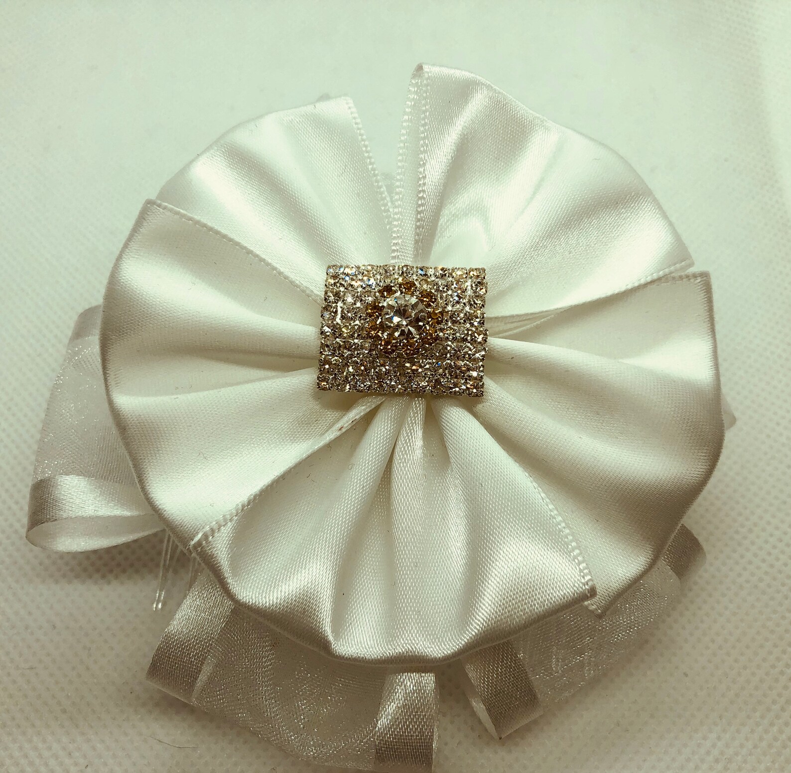 White Satin Bow Hair Comb Hair Ribbon Rhinestone Center Etsy Polska