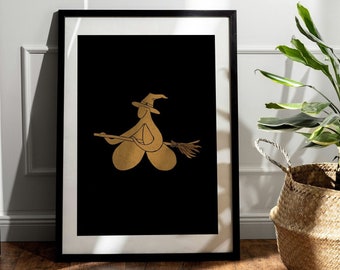 Witch Clit Linolschnitt A4 - Feministisches Poster - Goldene Wanddekoration - Queer Handdruck - Sexuelle Gesundheit Sorority Anatomy Pride