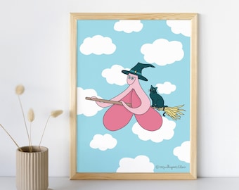 Klitoris Poster - Feministische Postkarte Illustration Sorority Sex Education - Anatomie LGBTQIA+ Gesundheit Dekor Wolke Katze Hexe