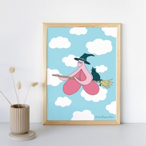 Affiche Clitorcière - Carte Postale Féministe Illustration Sororité Éducation Sexuelle - Anatomie LGBTQIA+ Santé Déco Nuage Chat Sorcière