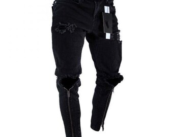 Land of Nostalgia Men/'s Casual Skinny Ripped Hole Trousers Denim Pants Jeans