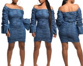 Land of Nostalgia Off Shoulder Women 39 s Flare Sleeve Sexy Denim Dress